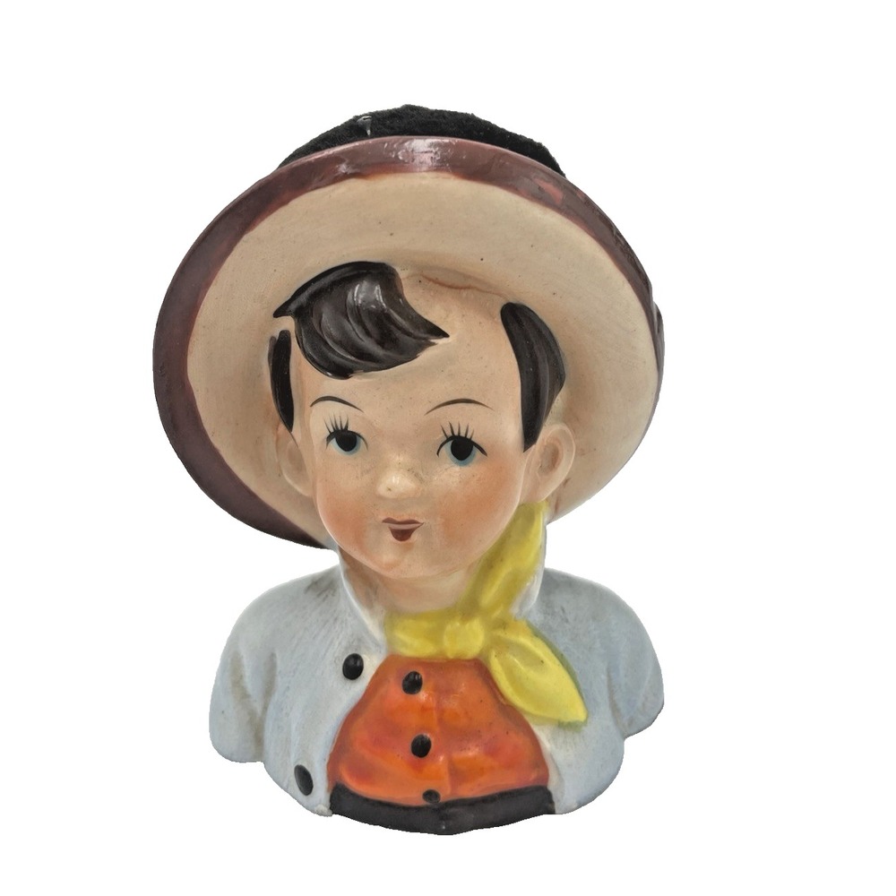 Vintage Occupied Japan Figural Head Boy w Hat Pin Cushion
